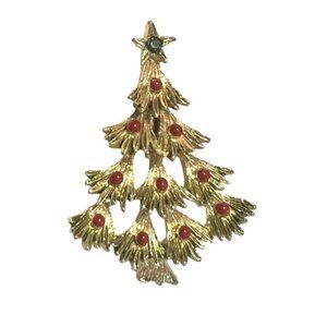 Vtg Christmas Tree Brooch Pin signed Gerry's Green Rhinestone Star Red Boughs